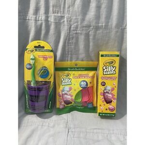NEW Kid's Crayola Brush Buddies Toothbrush Purple Cup Flossers Tooth Paste & Cap
